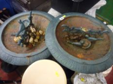 Pair of circular metal ornate black bird baths