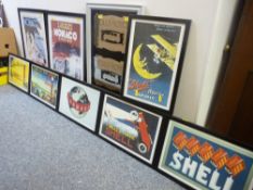 Parcel of vintage motoring prints including Shell, Rolls Royce, Monaco etc