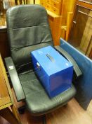 Black office swivel chair, blue metal case etc