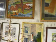 Engraving - entrance to Menai Bridge, oil on board - garden scene, indistinctly signed and another