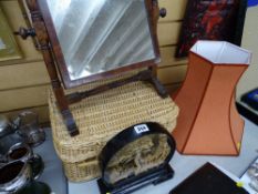 Wicker basket, a dressing table mirror and a framed cork Oriental work