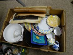 Box of art pottery etc including Bradford edition cups and saucers by Rosina Wachtmeister