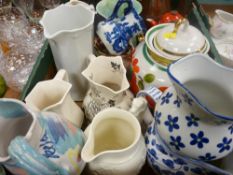 Box of mixed porcelain, mainly jugs including Royal Doulton, Masons Mandalay etc