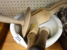 Old pestle and mortar, oatcake pats etc