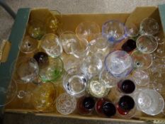 Box of colourful and other drinking glassware