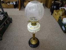 Good Victorian oil lamp with painted glass font and etched shade