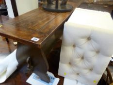 Low oak rectangular table, small carved two tier example, French style pot cupboard and a button