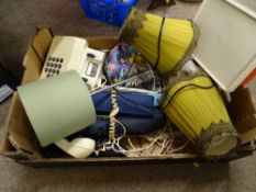 Box of household items including table lamps, vintage telephones etc