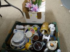 Mixed box of pottery etc and a boxed artificial floral arrangement
