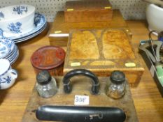 Parcel of treen boxes, desk stand etc