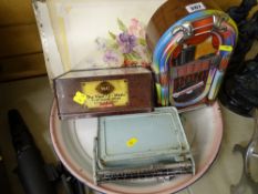 Quantity of vintage tins, scales, maps and sketches etc