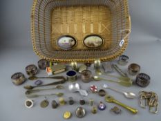 Basket of mainly metalware items including an Acme whistle, EPNS napkin rings, thimbles etc
