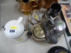 Vintage enamel lidded container, plated and other metalware and glass trays