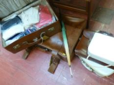 Vintage leather satchel/briefcase and a quantity of other luggage, an umbrella and vintage clothing