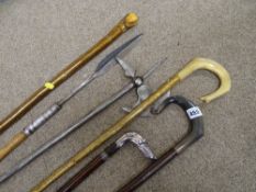 Vintage style axe and spear along with two walking canes and two shepherd's type crooks