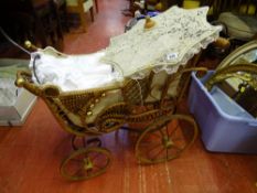 Metal framed and straw work doll's pram with covers