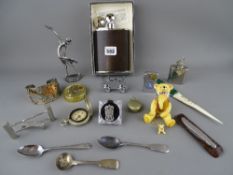 Box of collectables including an ivory and malachite paper knife, a white metal sovereign case, a