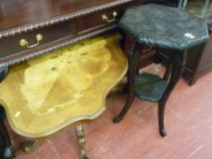 Vintage floral carved two tier table and a reproduction Italian inlaid shaped top centre table