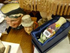Boxed Tulip ware vase, Doulton character jug and one other with a decorative table lamp
