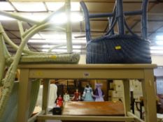 White loom style painted chair, a loom style stool and white painted table airer