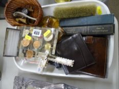 Mother of pearl cross, vintage bosun's whistle (boxed), cut throat razors etc