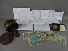 Collection of vintage world coinage and bank notes and a Festival of Britain 1951 commemorative