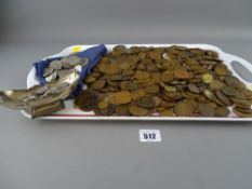 Hallmarked silver pedestal dish and a good quantity of mainly British bronze and silver coinage