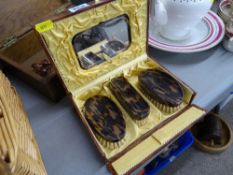 Wooden box with collectable contents and a gent's vanity set