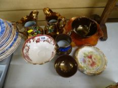 Pair of copper lustre jugs, Masons Mandalay red pedestal bowl, carnival glass bowl and similar