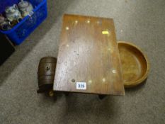 Rustic stool, treen bowl and barrel