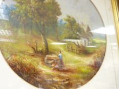 J CARABOTT circular oil on board - cottage with figures and birds