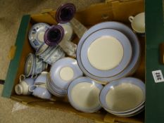 Quantity of blue and gilt Doulton tea and dinnerware, a pair of stylish candlesticks etc