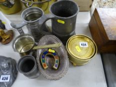 Mixed selection of pewter tankards and other metalware
