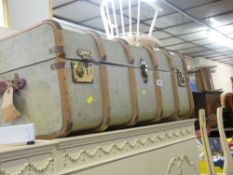 Wooden banded travel trunk, initialled 'R J P'