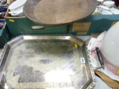 Good twin handled electroplate tray, wooden tray, mixed parcel of items