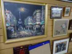 Pastel study of collie dogs, indistinctly signed, an acrylic on board - Parisian scene and three