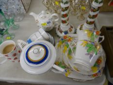 Mixed collection of vintage teaware, pair of Portmeirion 'Pomona' candlesticks and a Laura Ashley