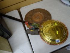 Long handled warming pan, copper tray and a cockerel doorstop
