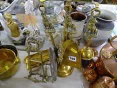 Fireside companion set titled 'Alsatian Wolf Dog', other fireside brassware and two brass picture