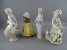 Three Lladro and one Nao figurines of young girls, various poses