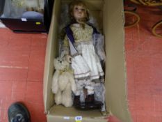 Doll with blonde plaits and country style clothes and with a companion teddy bear (boxed)