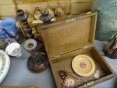 Treen shelf rack, barley twist candlesticks etc
