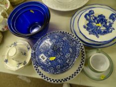 Mixed selection of blue and white dinnerware, three Bristol blue glass bowls etc
