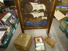 Tapestry firescreen, carved wooden box and other treen items