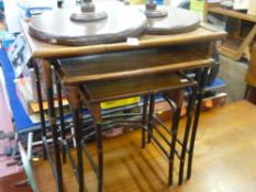 Set of three faux bamboo side tables, reproduction leather top wine table and a two drawer metal