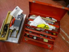 TWR spot welder with built-in timer and carry case along with a red metal tool chest with fall front