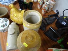 Quantity of old cast irons, kettle and a parcel of pottery including hen on nest, Portmeirion etc