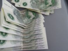 Sixteen vintage one pound notes including a crisp but folded consecutive run of nine