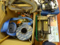 Box containing ratchet straps, hose clips, large G-clamp and a four piece locking clamp set by