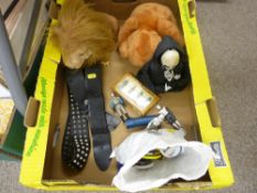 Mixed box of collectables including three Star Wars figures, toys and badges etc